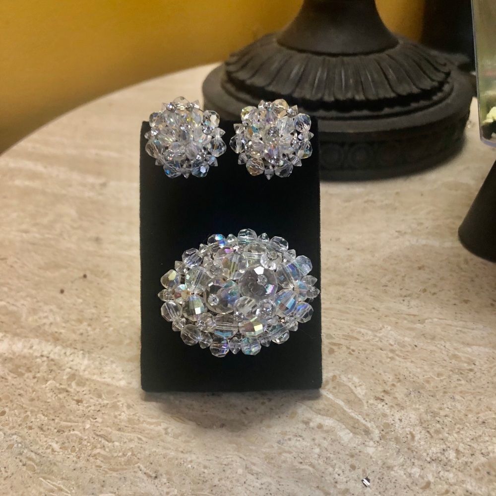 Aurora Borealis glass beaded brooch & earrings